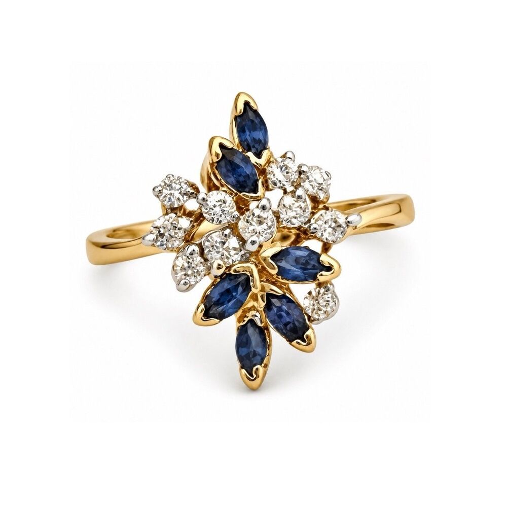 Vintage 1970s Ring Size 7 Blue CZ Cluster Cocktail Ring 14KT Gold Plate - 14Y
